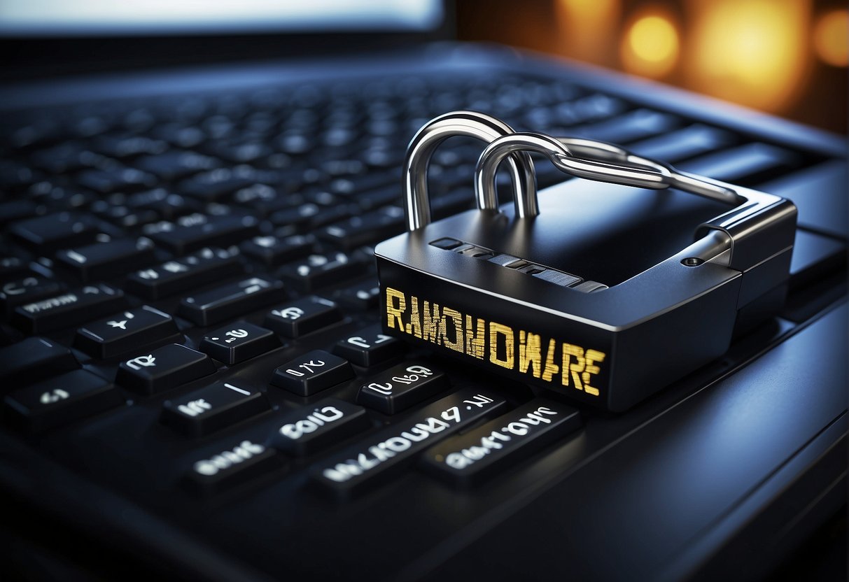 A computer screen displays a warning message about ransomware. A padlock icon symbolizes data encryption. A shredder in the background represents data erasure