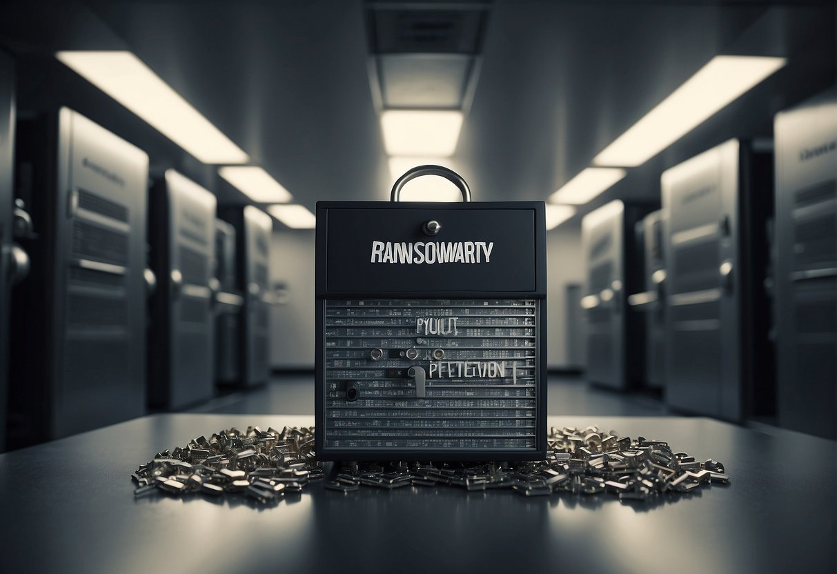 A locked vault with "ransomware prevention" written on the door, a shredder destroying data, and a shield labeled "cybersecurity" guarding a computer