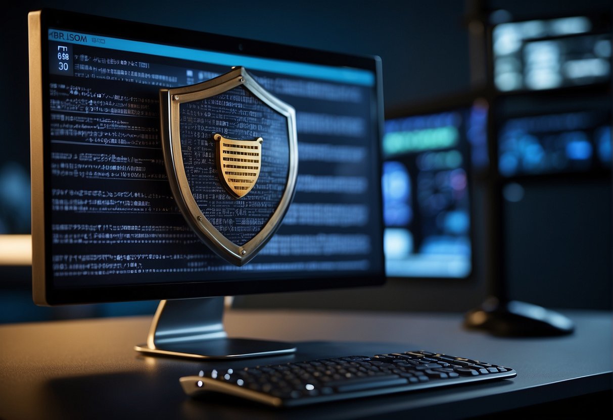 A computer screen displays a shield protecting files from a lock icon. A shredder erases data in the background. Keywords: ransomware prevention, data erasure, cybersecurity