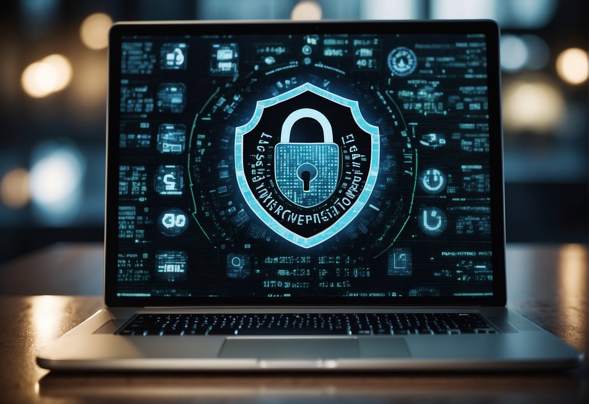 A computer screen displays a lock icon with the words "Ransomware Prevention" and "Data Erasure" surrounded by a shield symbol, representing cybersecurity measures