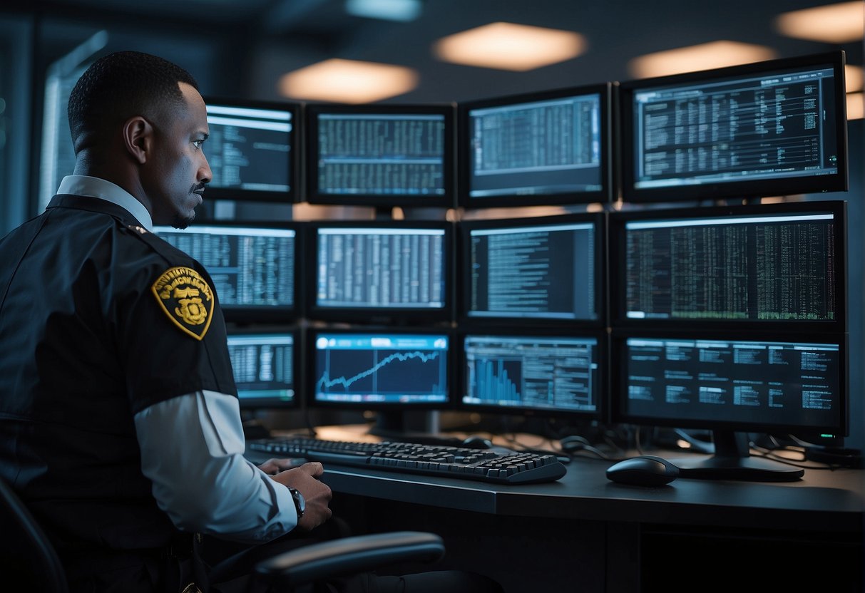 A security guard monitors screens showing ransomware prevention, data erasure, and cybersecurity measures in a modern, high-tech security post