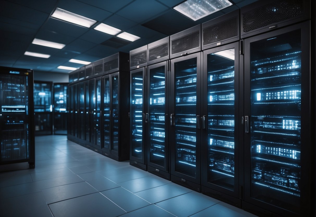 A secure server room with locked cabinets, fireproof safes, and surveillance cameras. Redundant backup systems and encryption software protect against ransomware