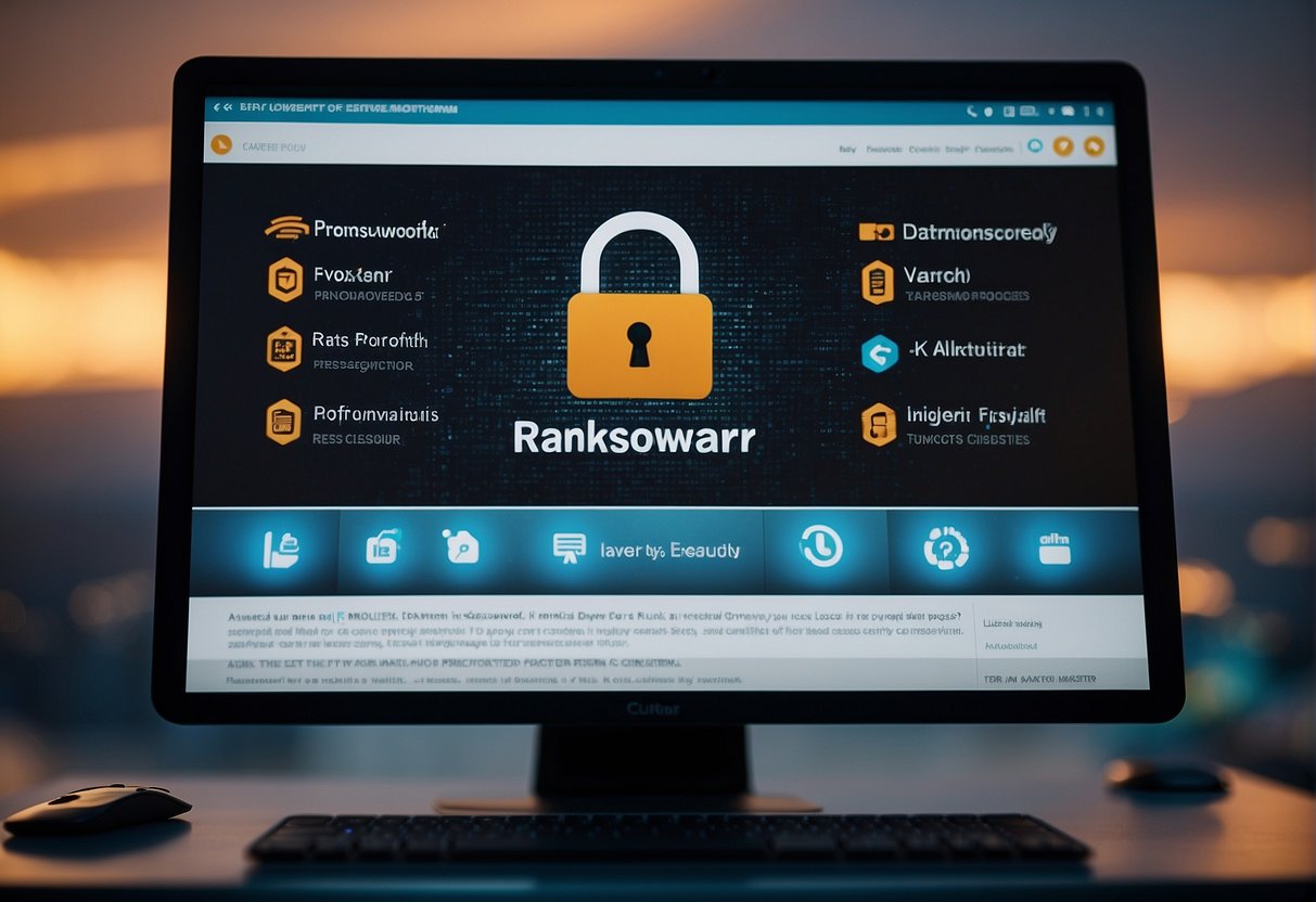 A computer screen displays a lock icon with "ransomware prevention" text. Another screen shows "data erasure" and "cybersecurity" keywords