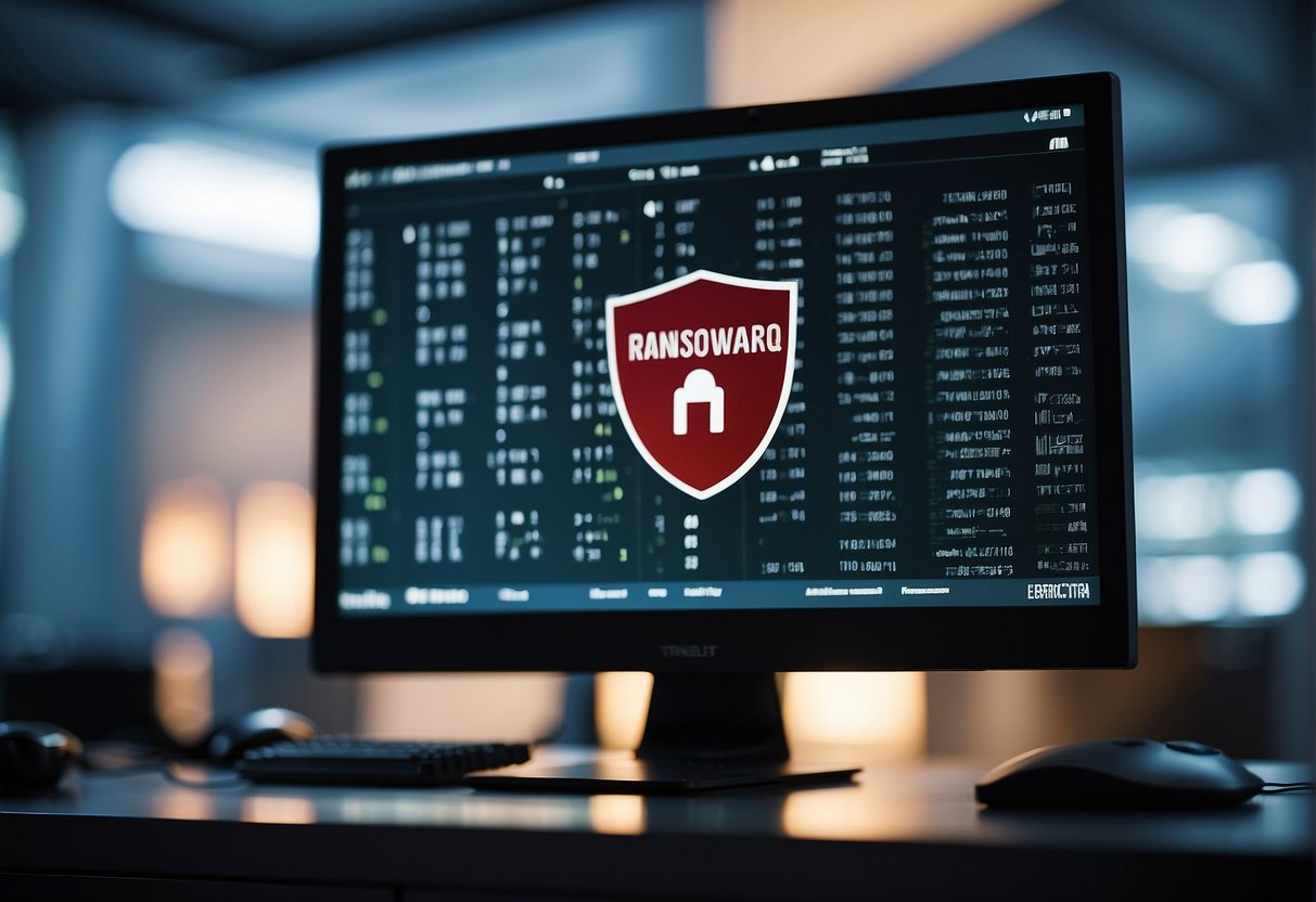 A computer screen displays a locked file with a ransomware warning. A data erasure tool and a cybersecurity shield stand ready to prevent the threat