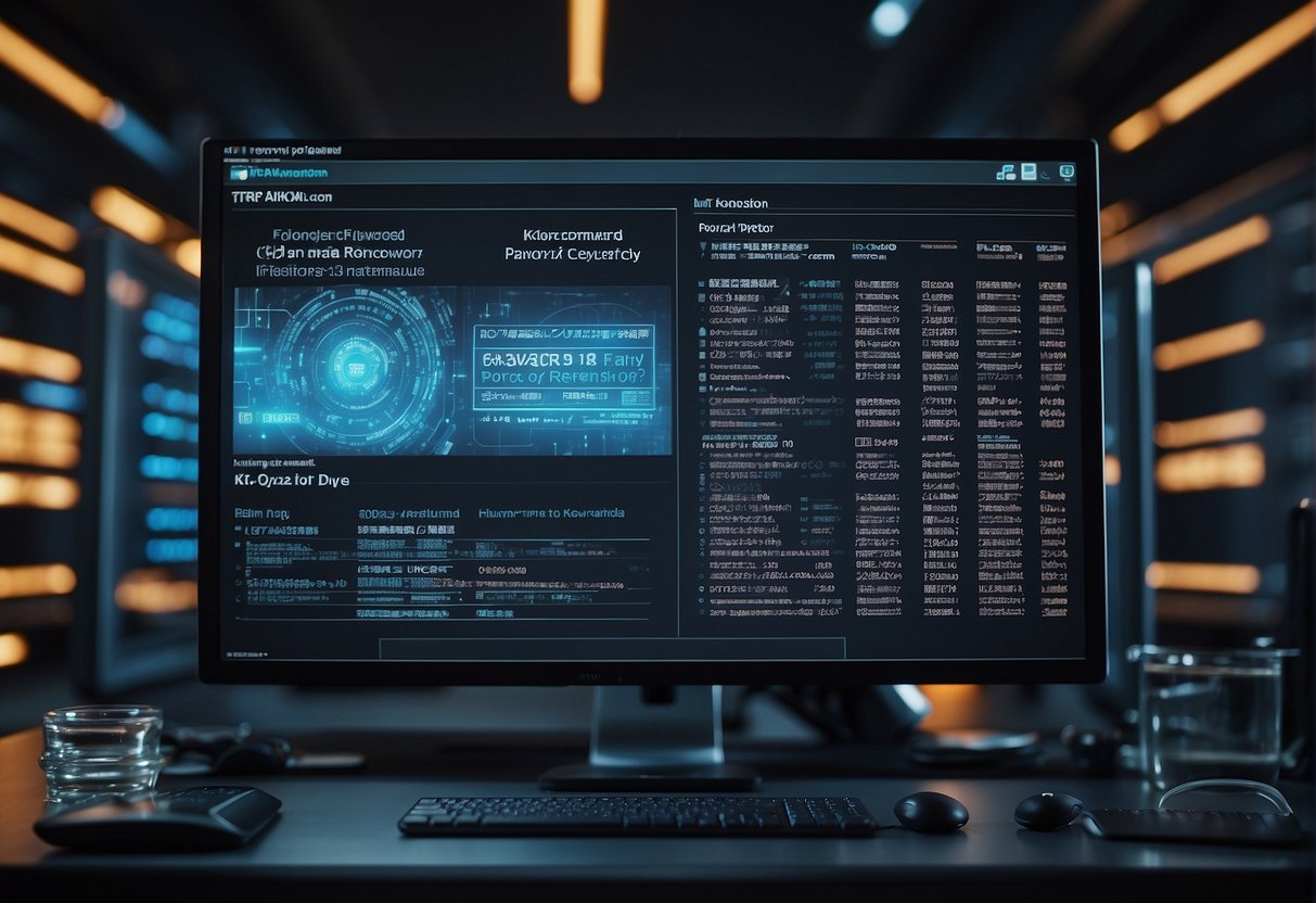 A computer screen displays FAQ keywords: ransomware prevention, data erasure, cybersecurity