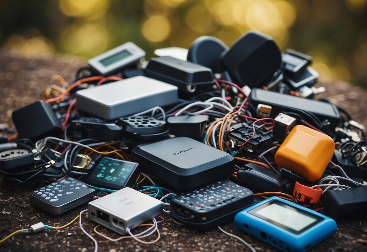A pile of discarded IoT devices, with data erasure tools and security measures in the background