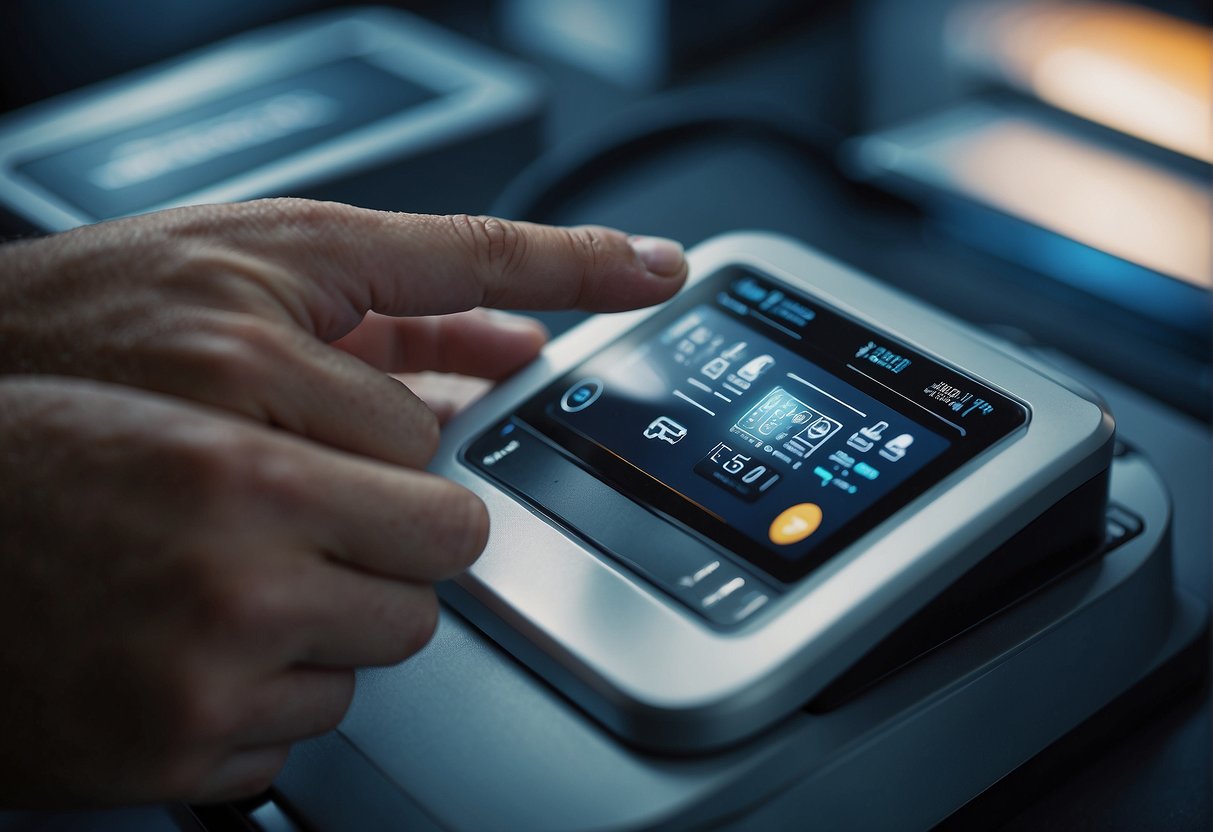 A hand presses a button on a device with a lock symbol, while another hand holds a data erasure tool next to it. The scene depicts the process of securing IoT devices through data erasure