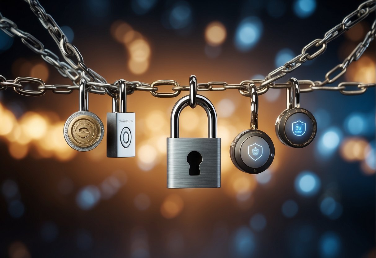 A locked padlock hanging from a chain around a group of interconnected IoT devices, with a digital shield symbol hovering above them, representing network security and data erasure measures