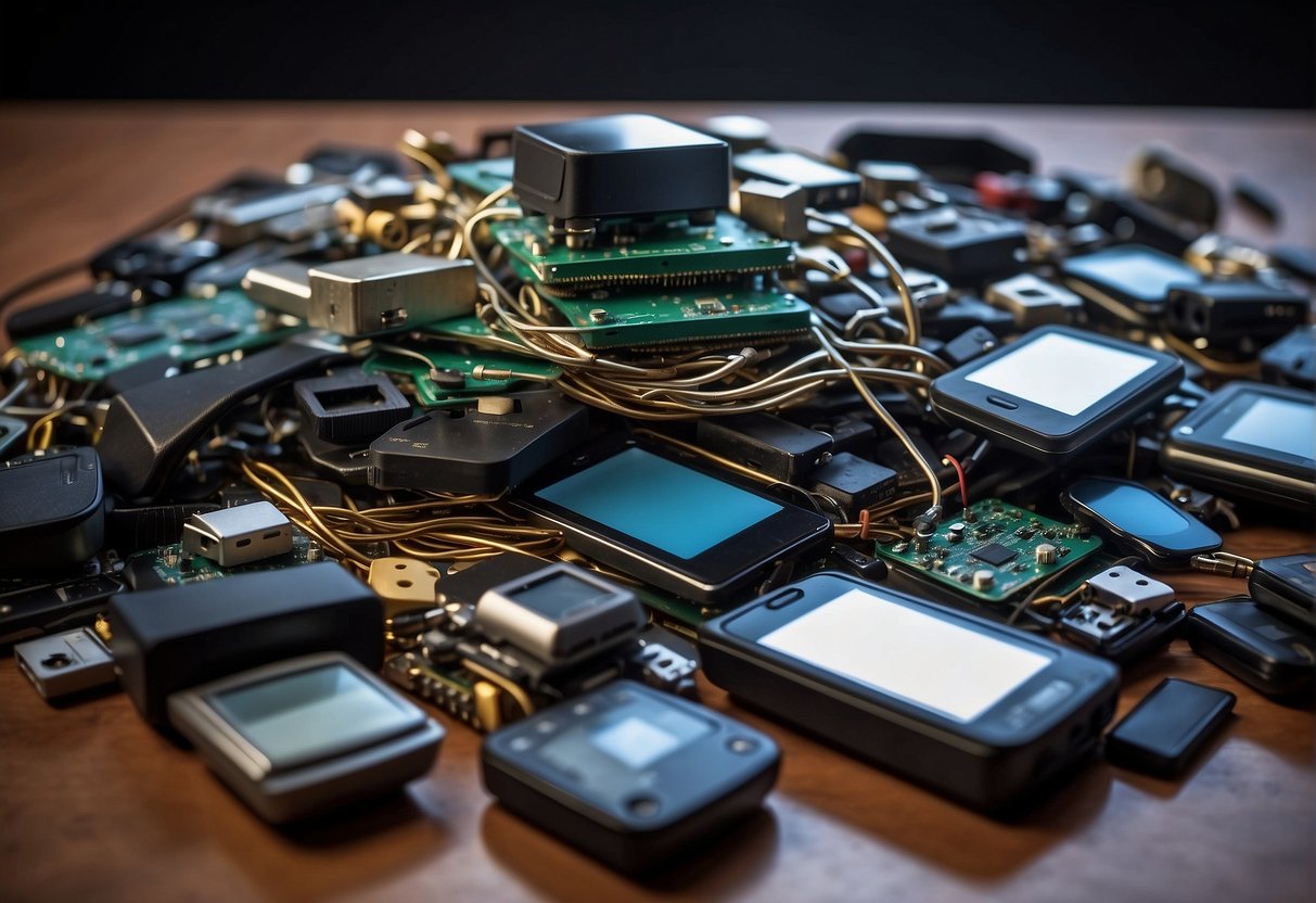 A pile of discarded IoT devices, with data erasure tools nearby, symbolizing advanced IoT security measures
