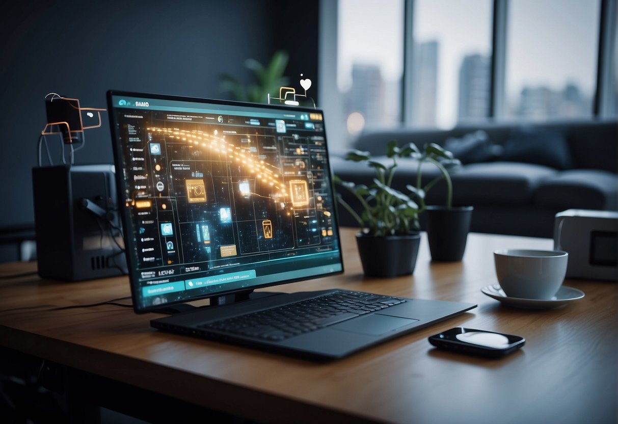 A table with various IoT devices being wiped clean. A computer screen displays a FAQ page on data erasure for IoT devices