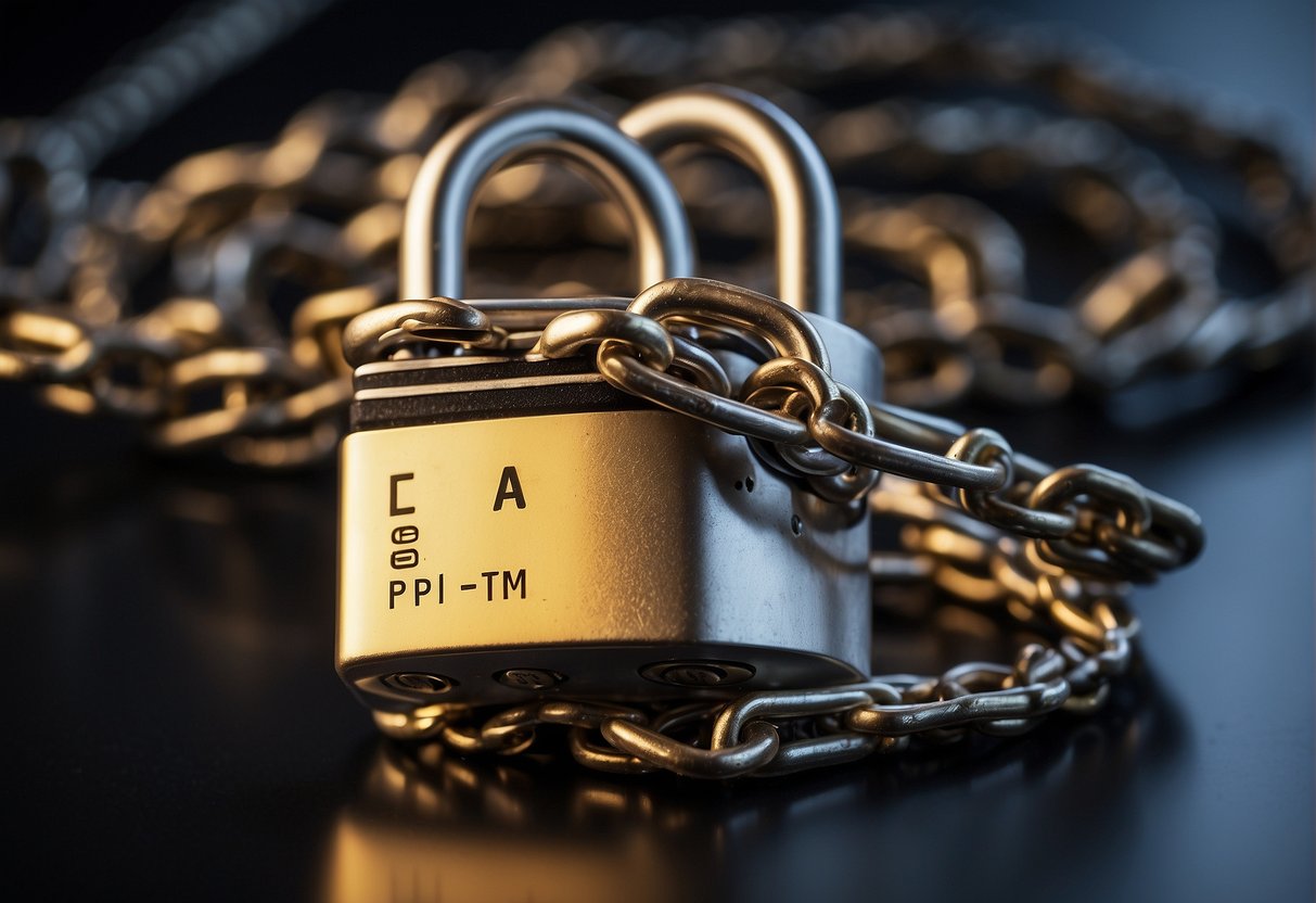 A locked padlock with a chain wrapped around a group of interconnected devices, with a digital "data erasure" button highlighted on a central screen