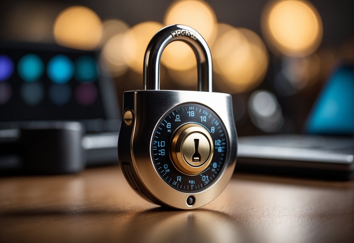 A locked padlock with a shield symbol on it, surrounded by interconnected devices like a smart thermostat, security camera, and wearable fitness tracker