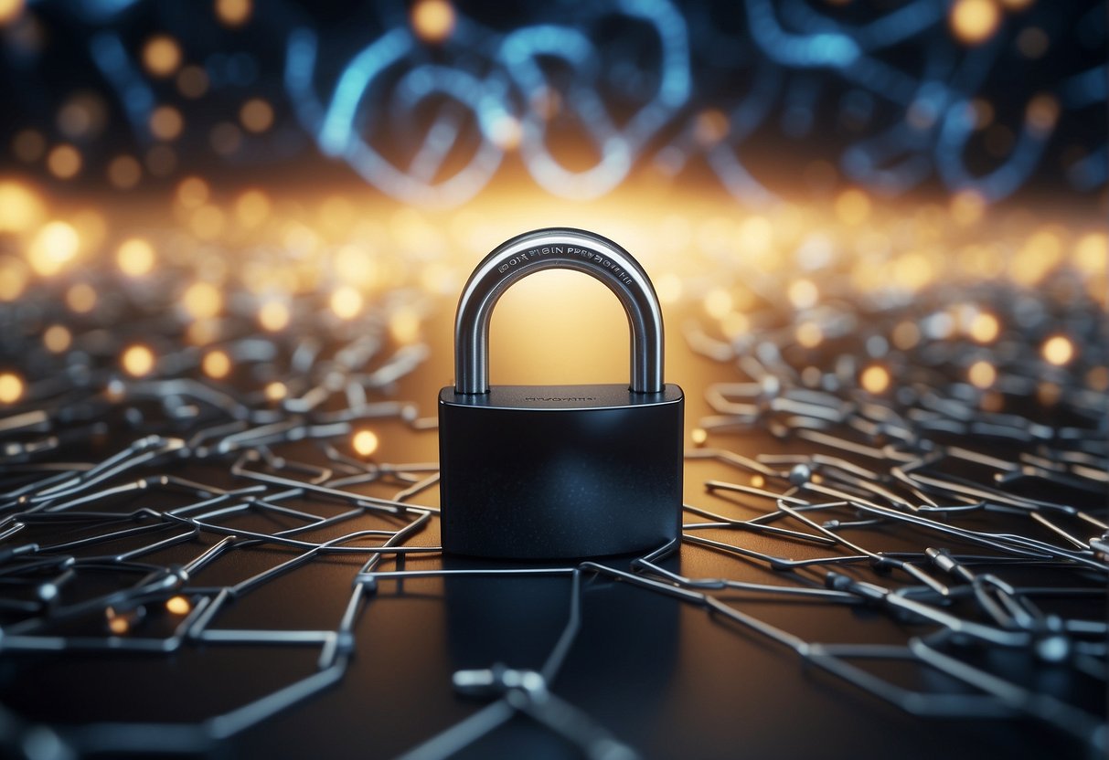 A locked padlock secures a cloud of interconnected devices, while a digital eraser wipes clean a network of IoT data