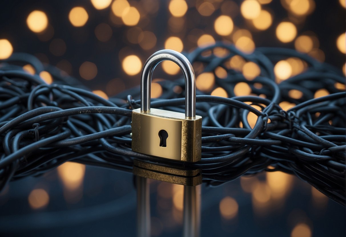 A locked padlock symbolizing IoT security, a digital eraser deleting data, and interconnected devices representing Internet of Things
