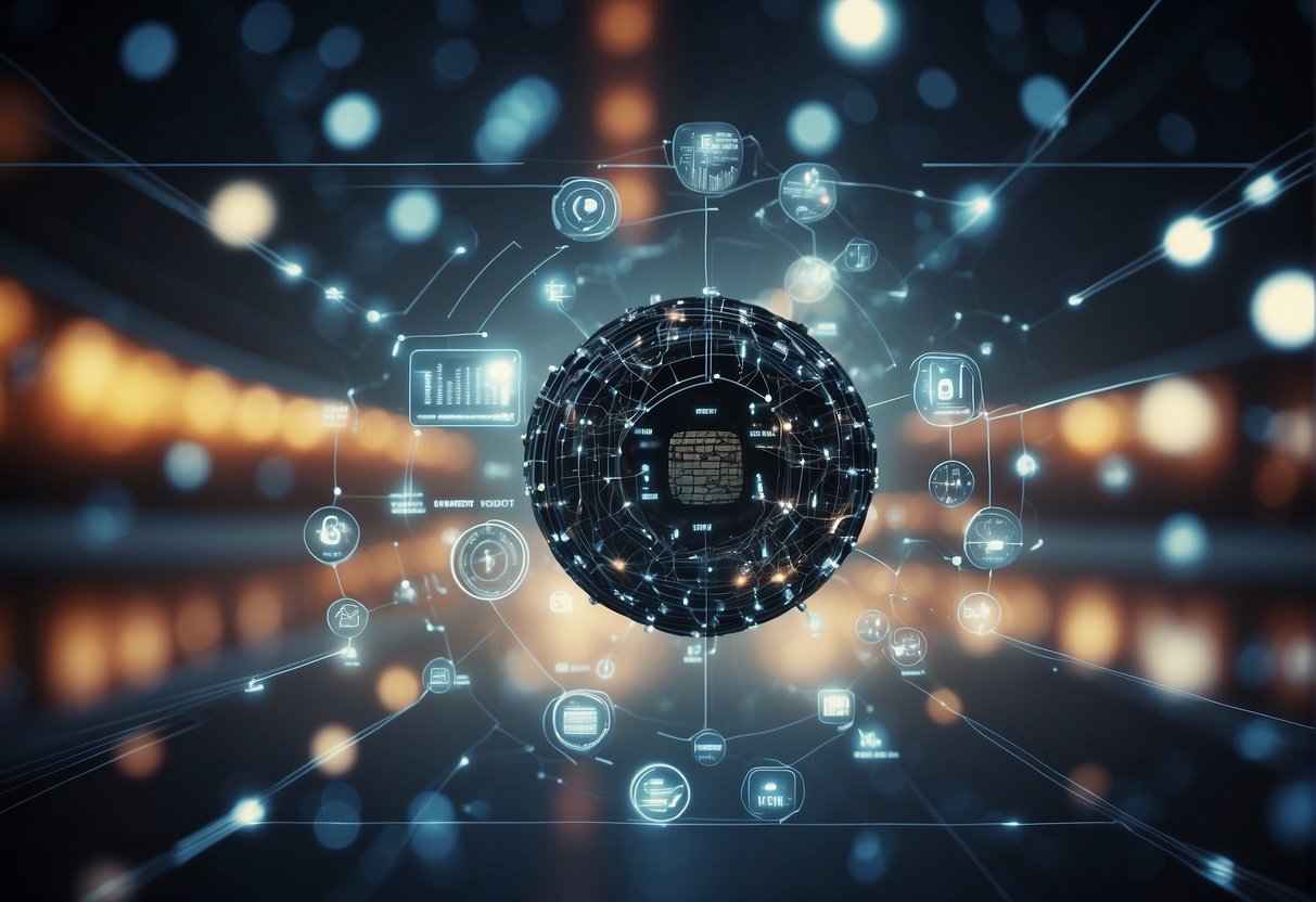 A network of interconnected devices with data erasure and IoT security keywords floating around them