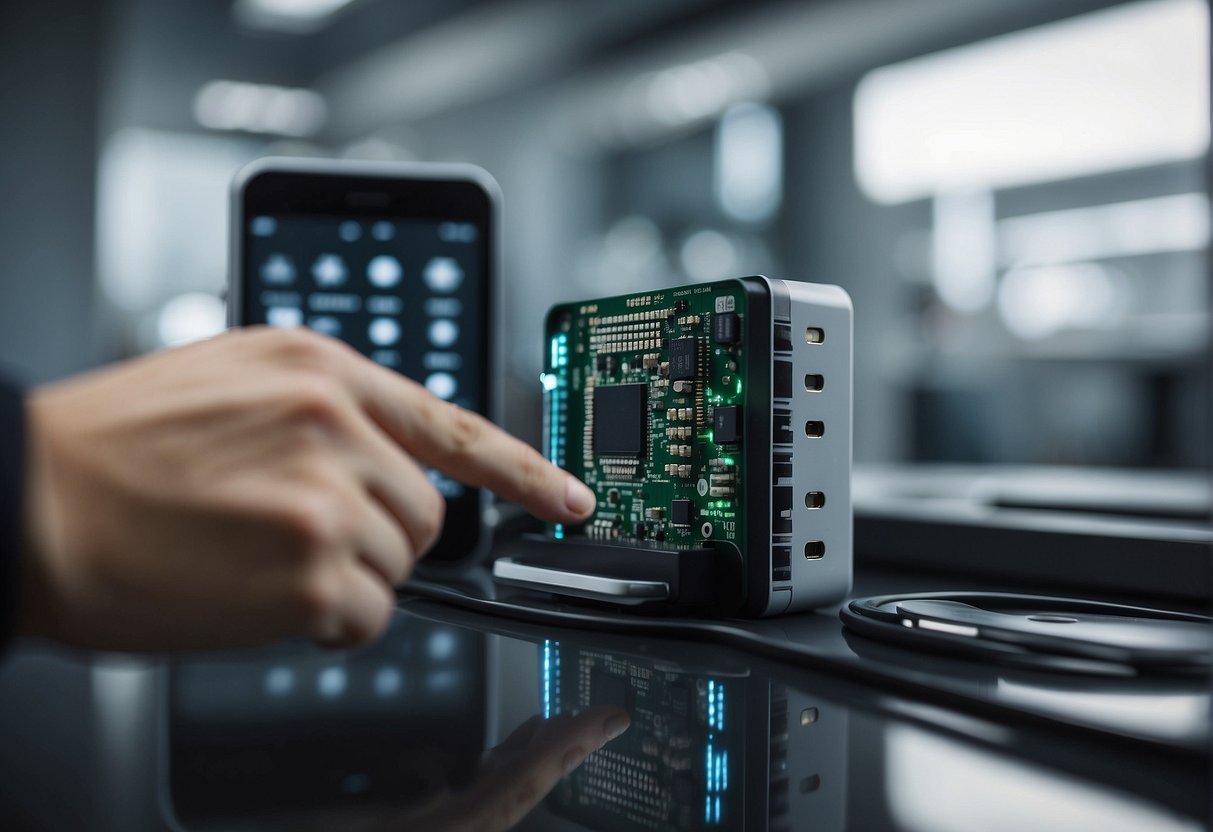 A secure IoT device being wiped clean, surrounded by various sectors like healthcare, transportation, and agriculture