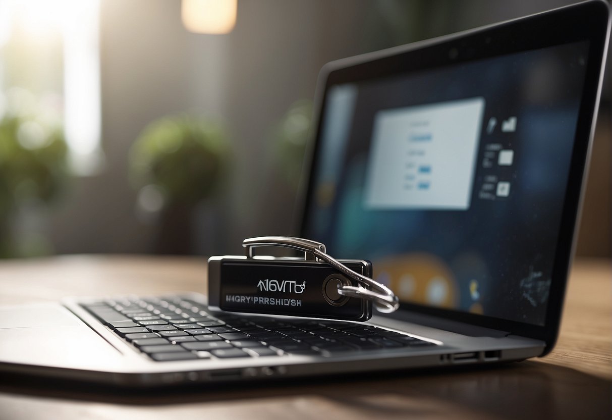 Keywords hover above a secure lock, while a digital eraser wipes clean a web of interconnected devices