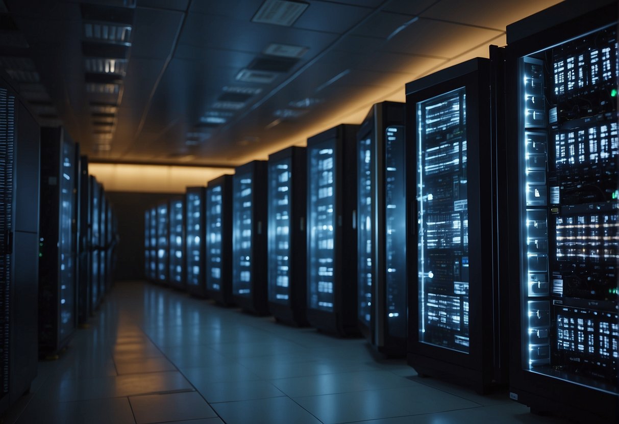 A server room with rows of blinking machines, a technician inserting a hard drive, and a screen displaying "Data Erasure in Progress."