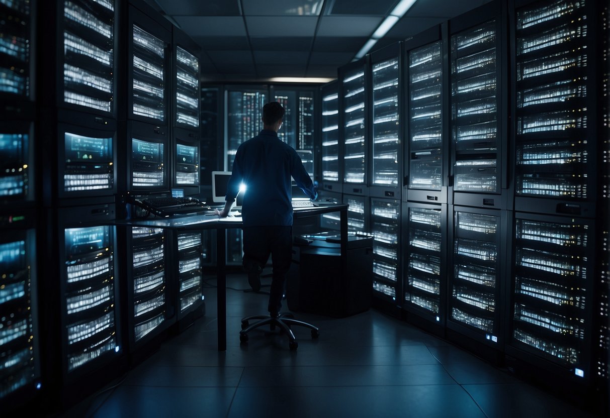 A server room with rows of neatly organized backup tapes and a technician running data erasure software on a computer