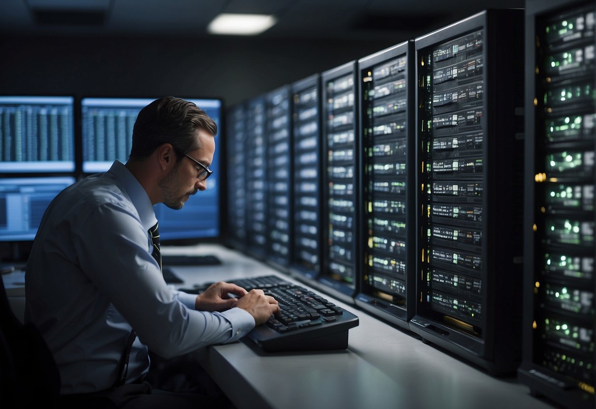 A server room with rows of neatly organized backup tapes being erased by a large data erasure machine, while a technician monitors the process on a computer screen
