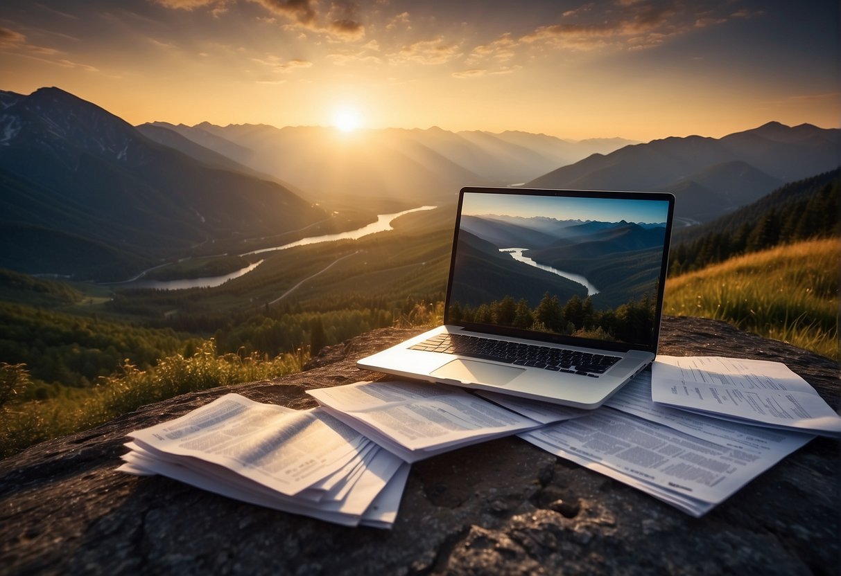 A mountainous landscape with a winding river, dotted with data storage facilities and legal documents. The sun sets behind a backdrop of regulatory guidelines