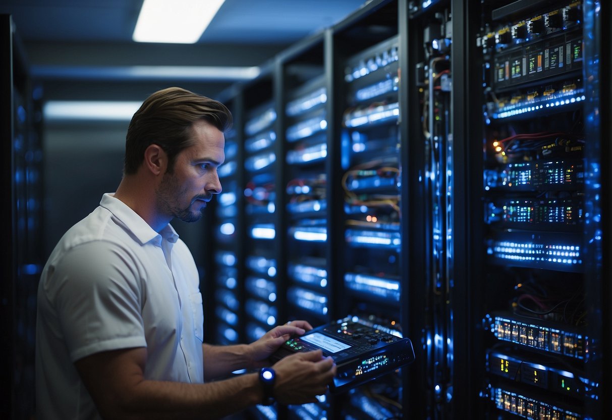 A server room with rows of racks, glowing LED lights, and cables neatly organized. A technician operates a data erasure machine while another checks the backup and recovery systems