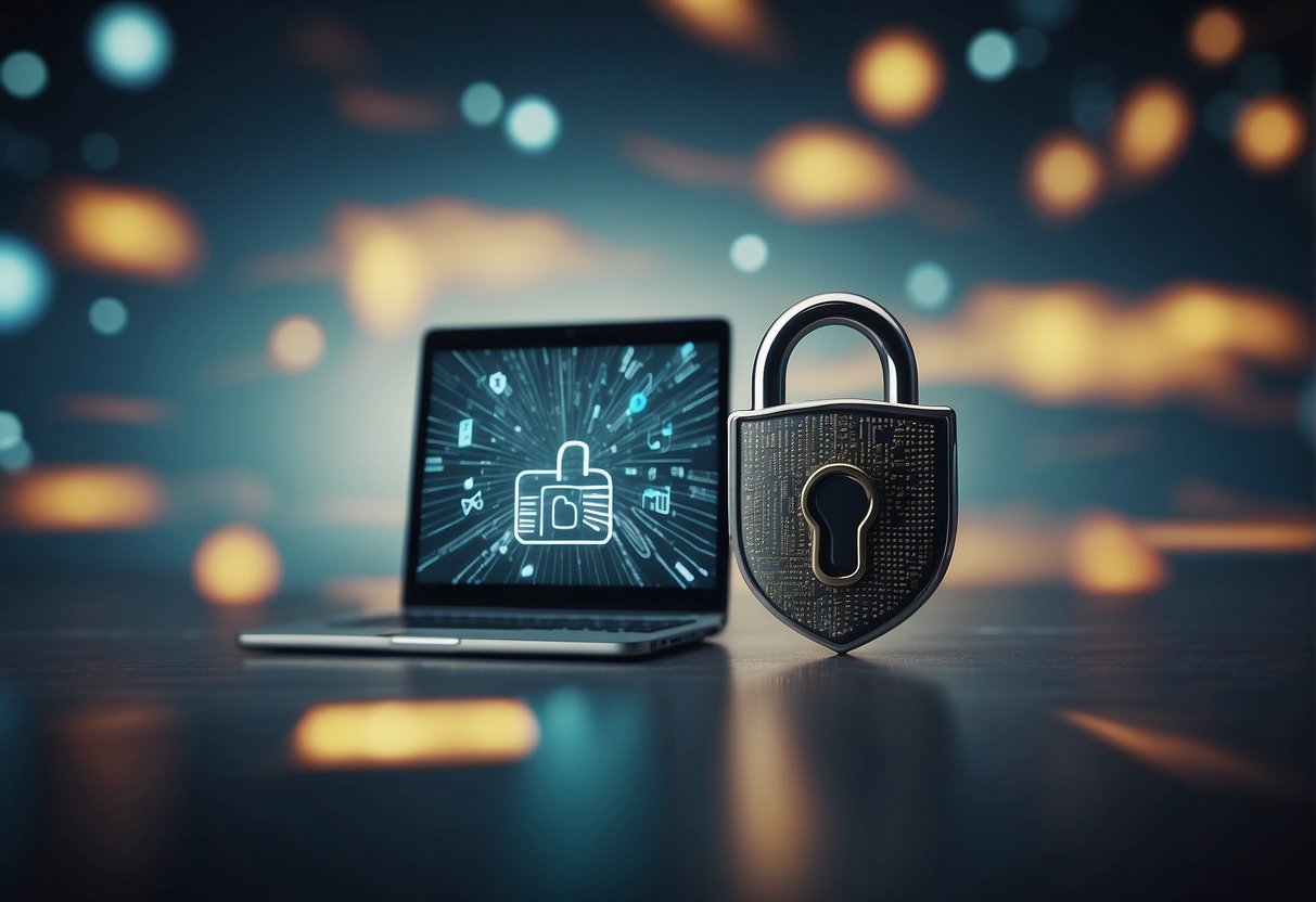 A computer screen displaying a locked padlock icon, a shield, and a cloud with arrows representing backup and recovery, data erasure, and data security