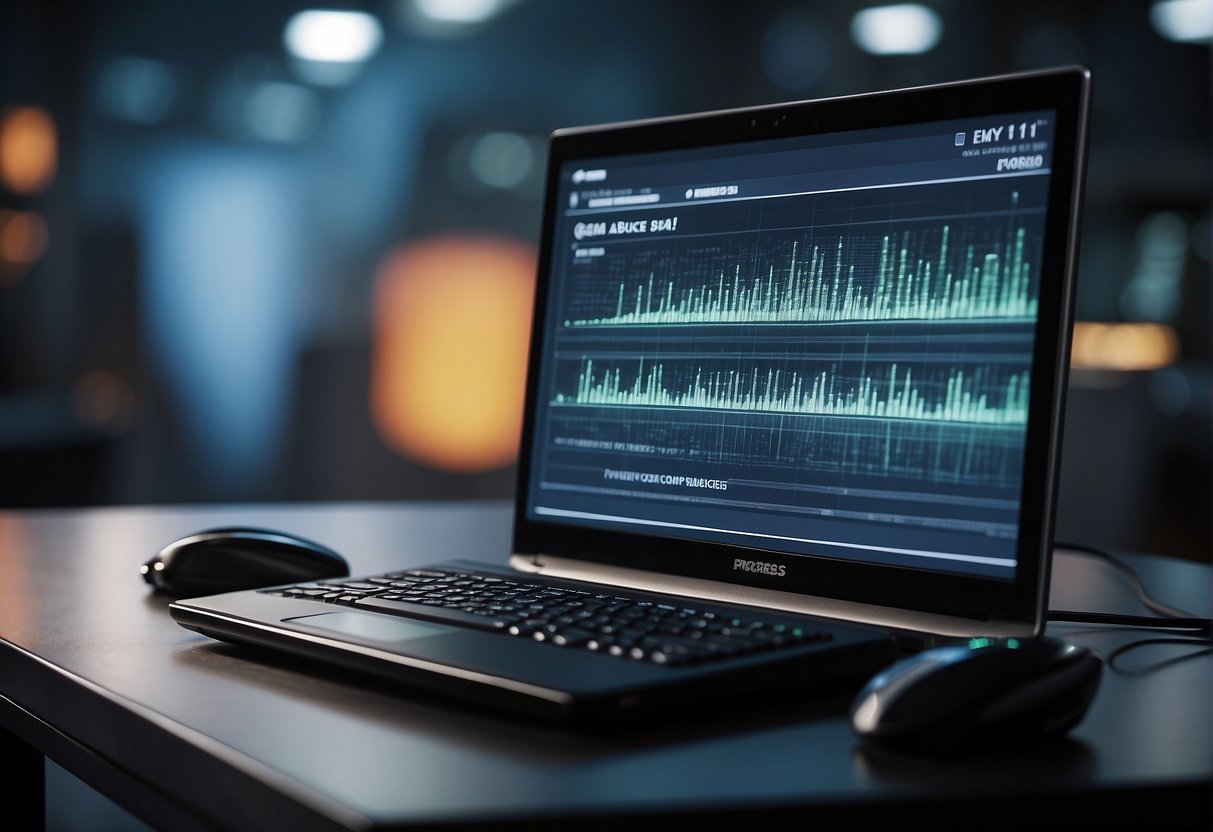 A computer screen displaying a progress bar for data erasure, with a backup drive connected and a shredder in the background