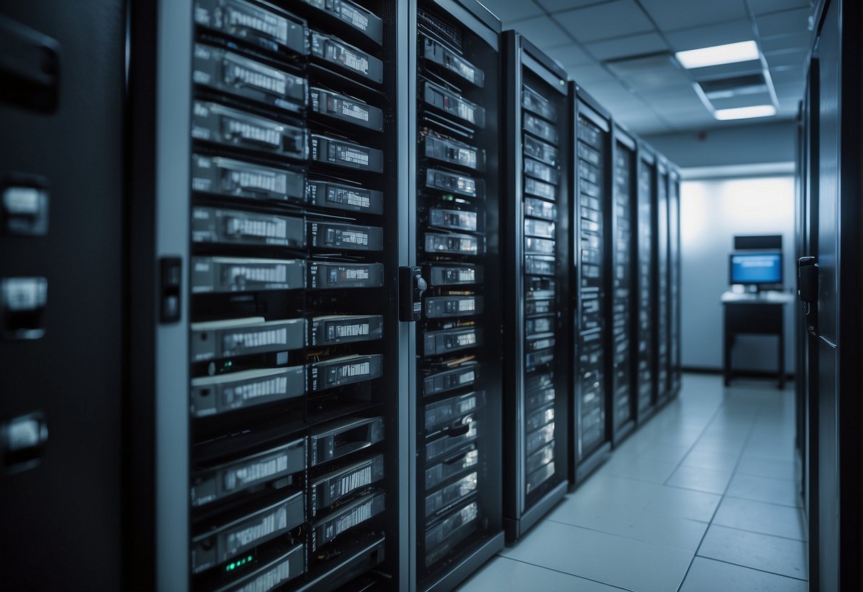 A secure server room with locked cabinets, labeled backup tapes, and a shredder for data erasure. Security cameras monitor the area