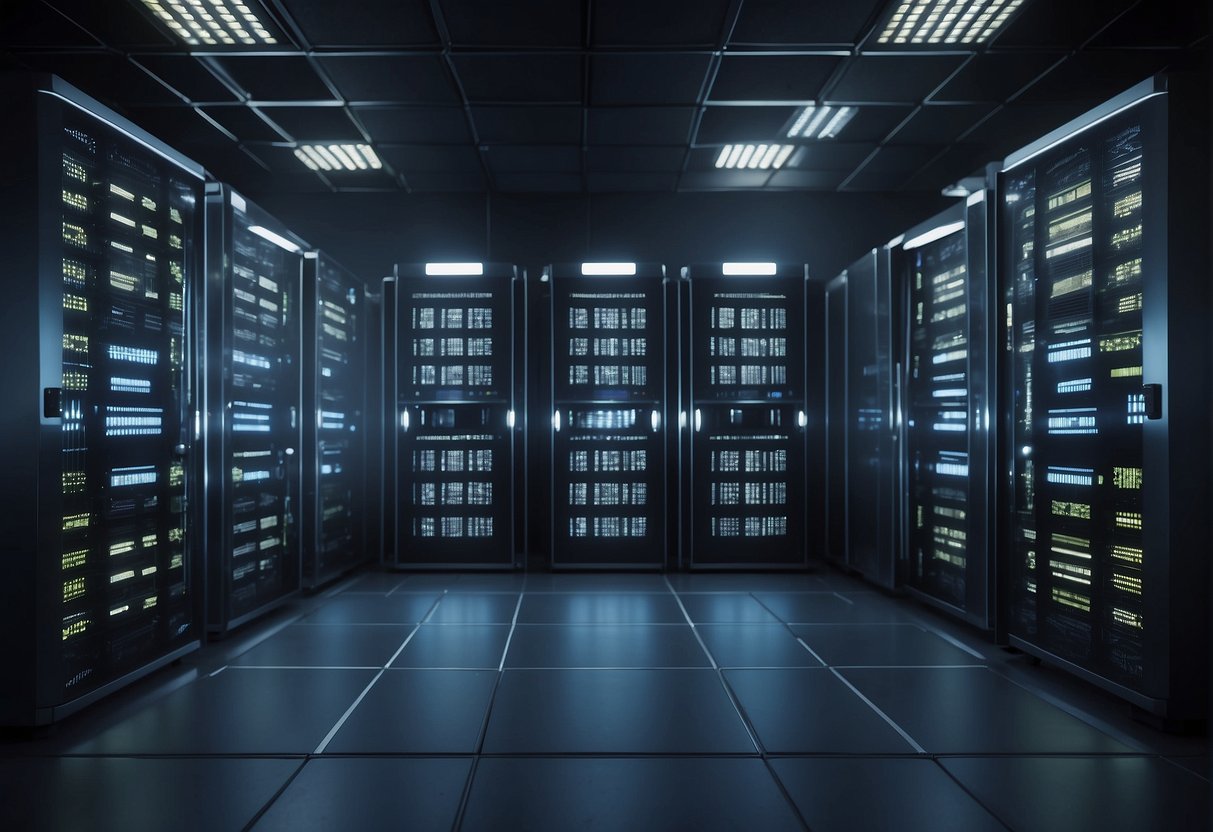 A server room with blinking lights, a locked vault for backup tapes, and a secure data erasure station. Multiple firewalls and encryption protocols protect the network