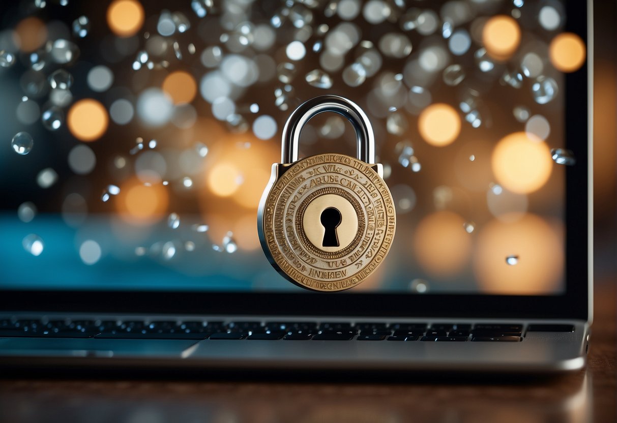 Keywords float above a computer screen, surrounded by lock and key symbols, while a digital lock spins in the background