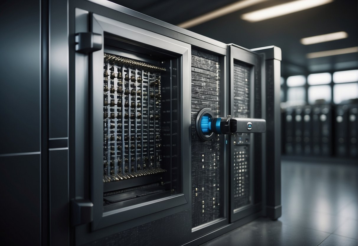 A secure vault with data being wiped clean, surrounded by layers of encryption and authentication measures