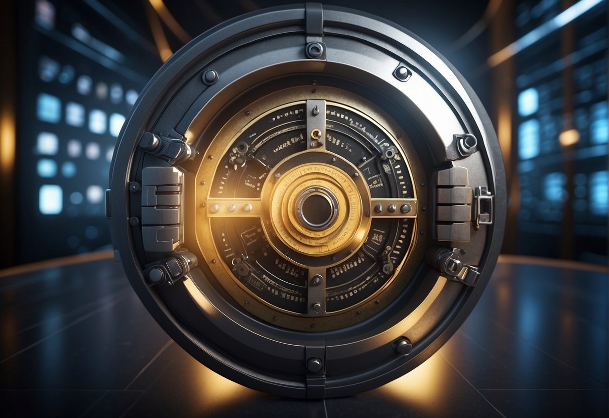 A secure vault with data erasure tools, surrounded by layers of security, including firewalls and encryption, symbolizing Zero Trust Security