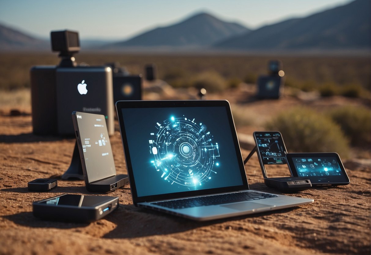 A barren landscape with scattered electronic devices. A shield symbol hovers above, representing zero trust security. Data erasure tools are depicted removing data from the devices