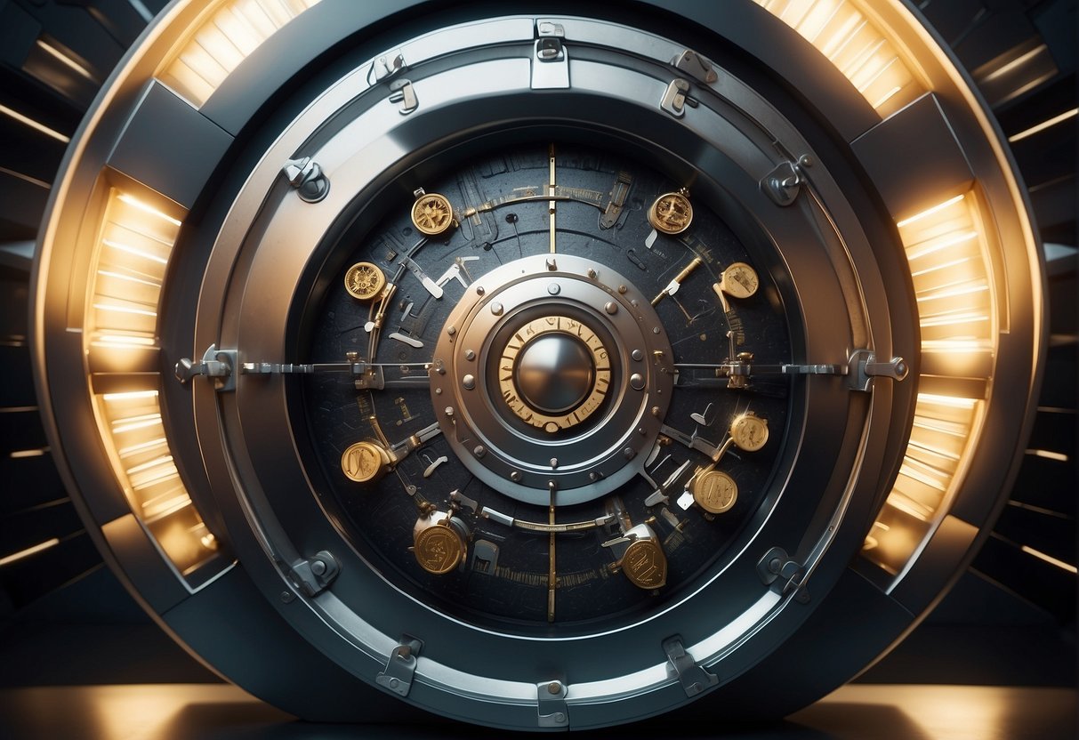 A secure vault door with data erasure symbols, surrounded by a shield representing zero trust security