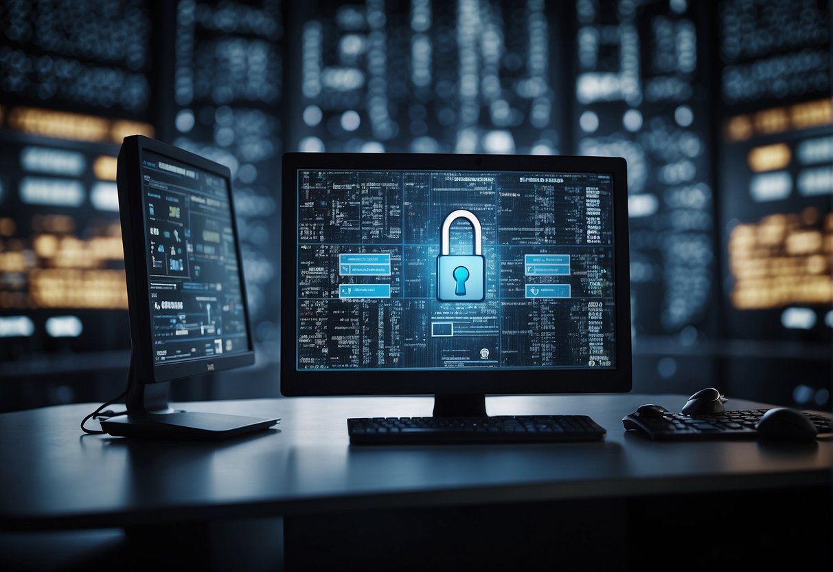 A computer monitor displaying a data erasure process, surrounded by security locks and compliance symbols