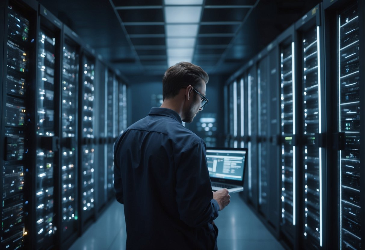 A secure data center with locked doors, biometric scanners, and encrypted servers. A technician performs data erasure on decommissioned hardware