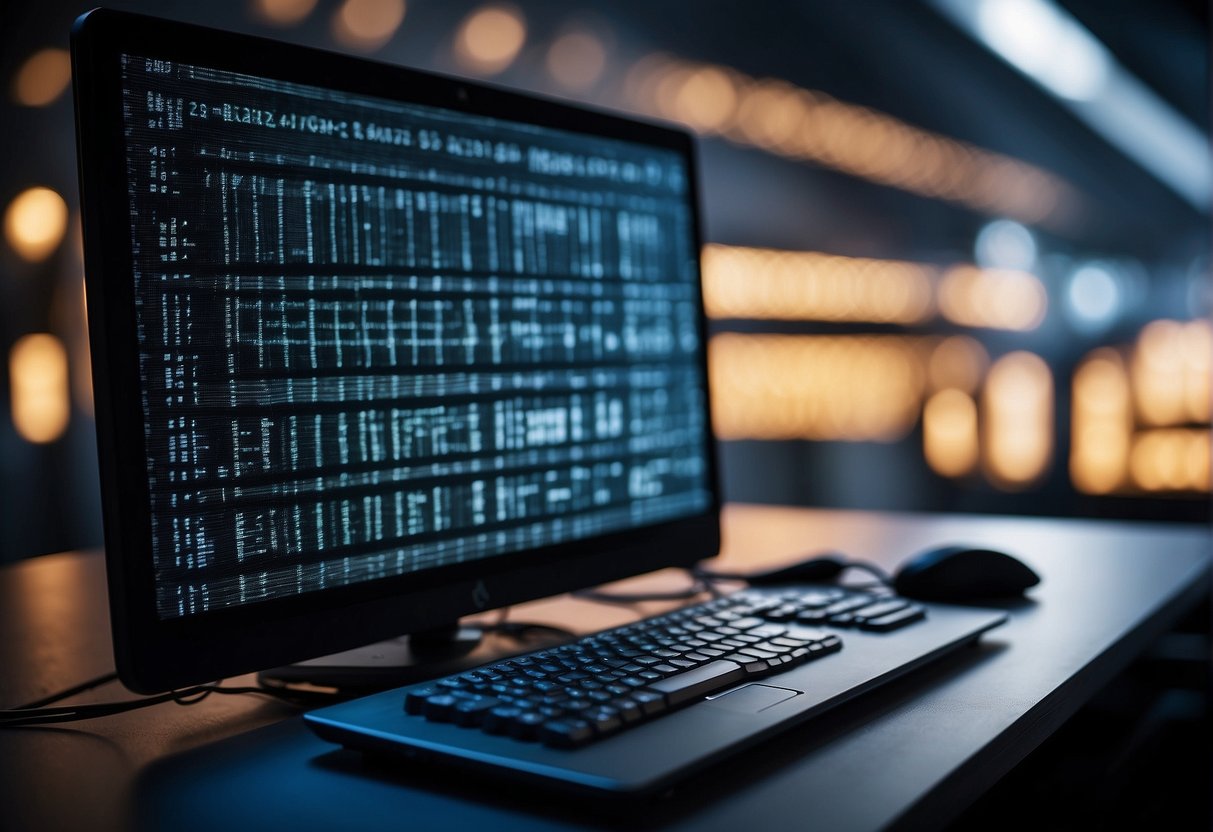 A computer system surrounded by a barrier, with data being erased and secured, representing zero trust security and cybersecurity models