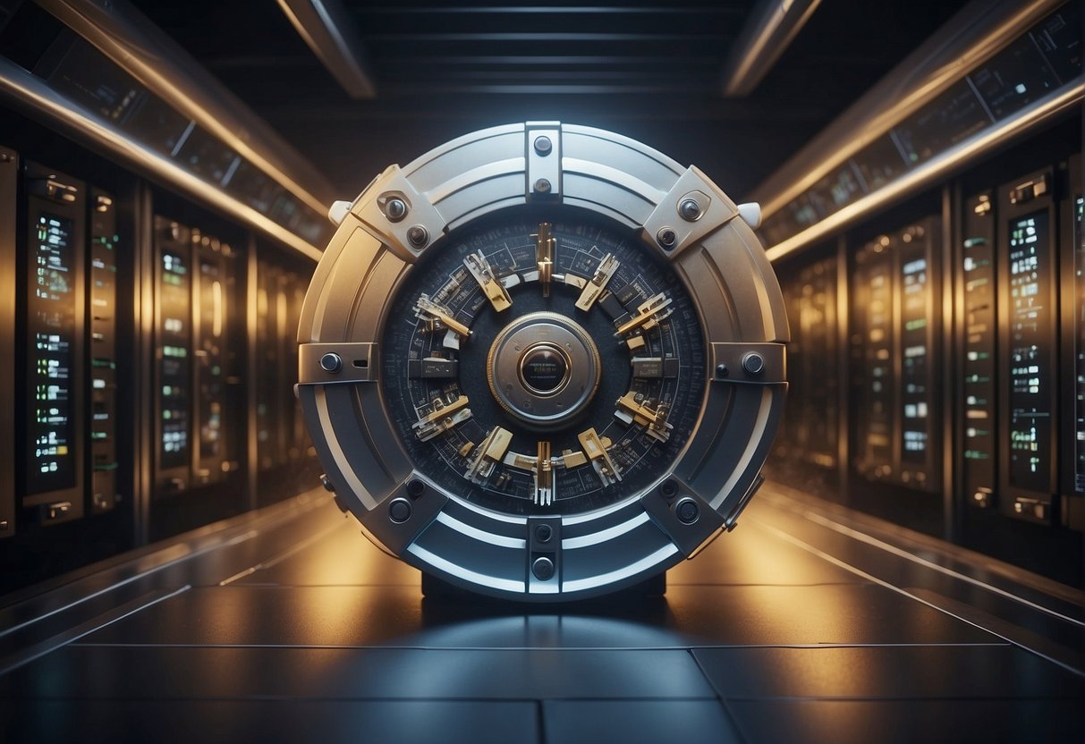 A locked vault with digital locks, surrounded by layers of security barriers and monitored by surveillance cameras. Data erasure tools are visible, symbolizing the implementation of zero trust security