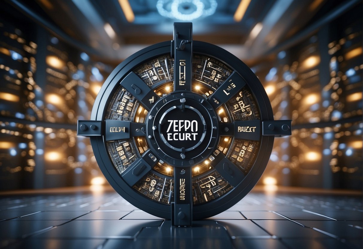 A locked vault with "zero trust security" signage, surrounded by swirling data erasure symbols, within a network of interconnected cybersecurity models