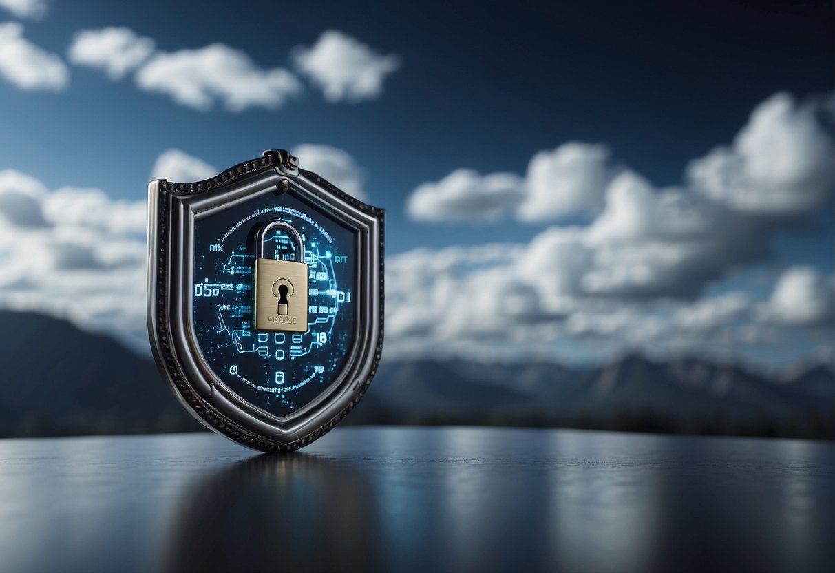 A padlocked cloud hovers above a data center, guarded by a shield of zero trust security and data erasure. Cybersecurity models stand as sentinels, protecting the migration keywords within