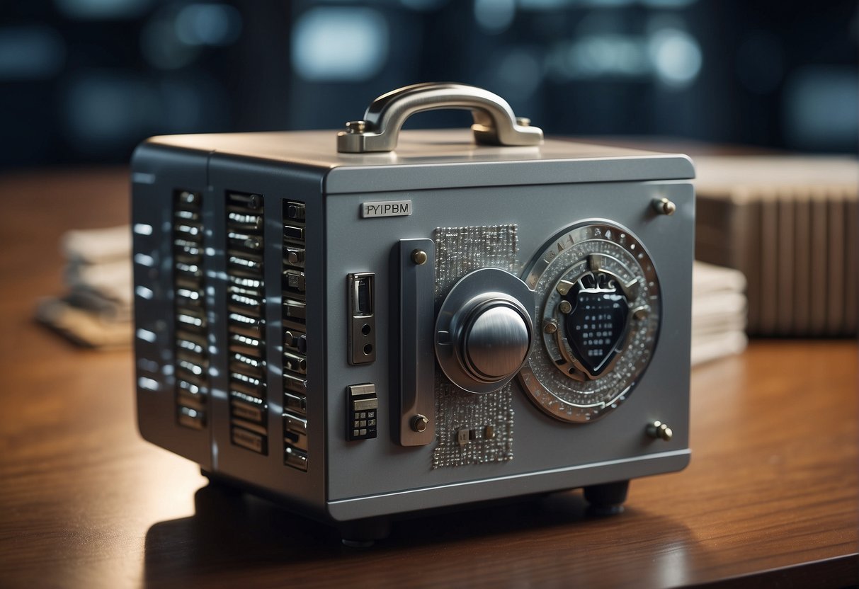 A secure vault with data erasure tools, surrounded by a shield labeled "Zero Trust Security." Various cybersecurity models stand guard
