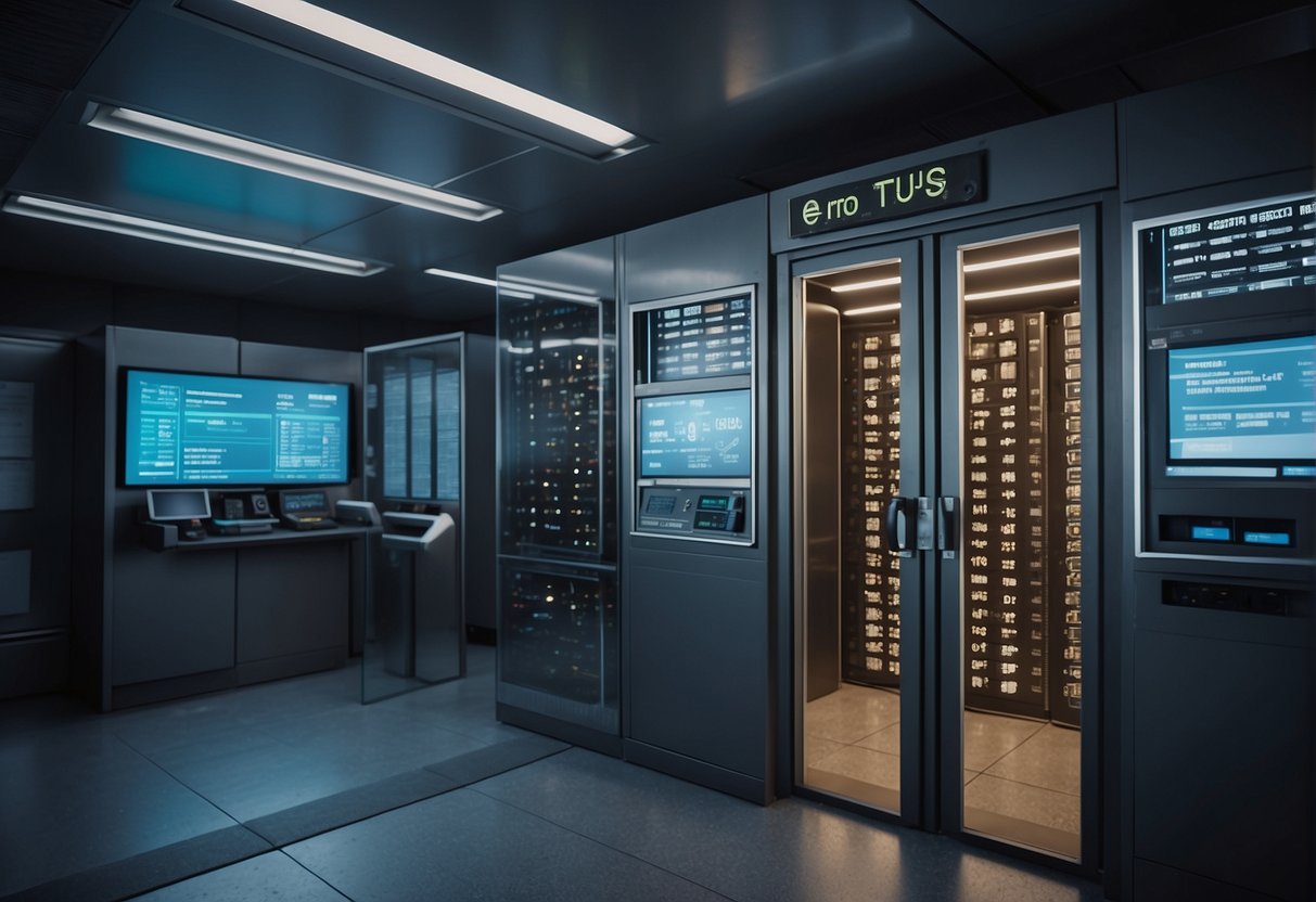 A secure vault with "zero trust" signage, data erasure tools, and cybersecurity models displayed on screens