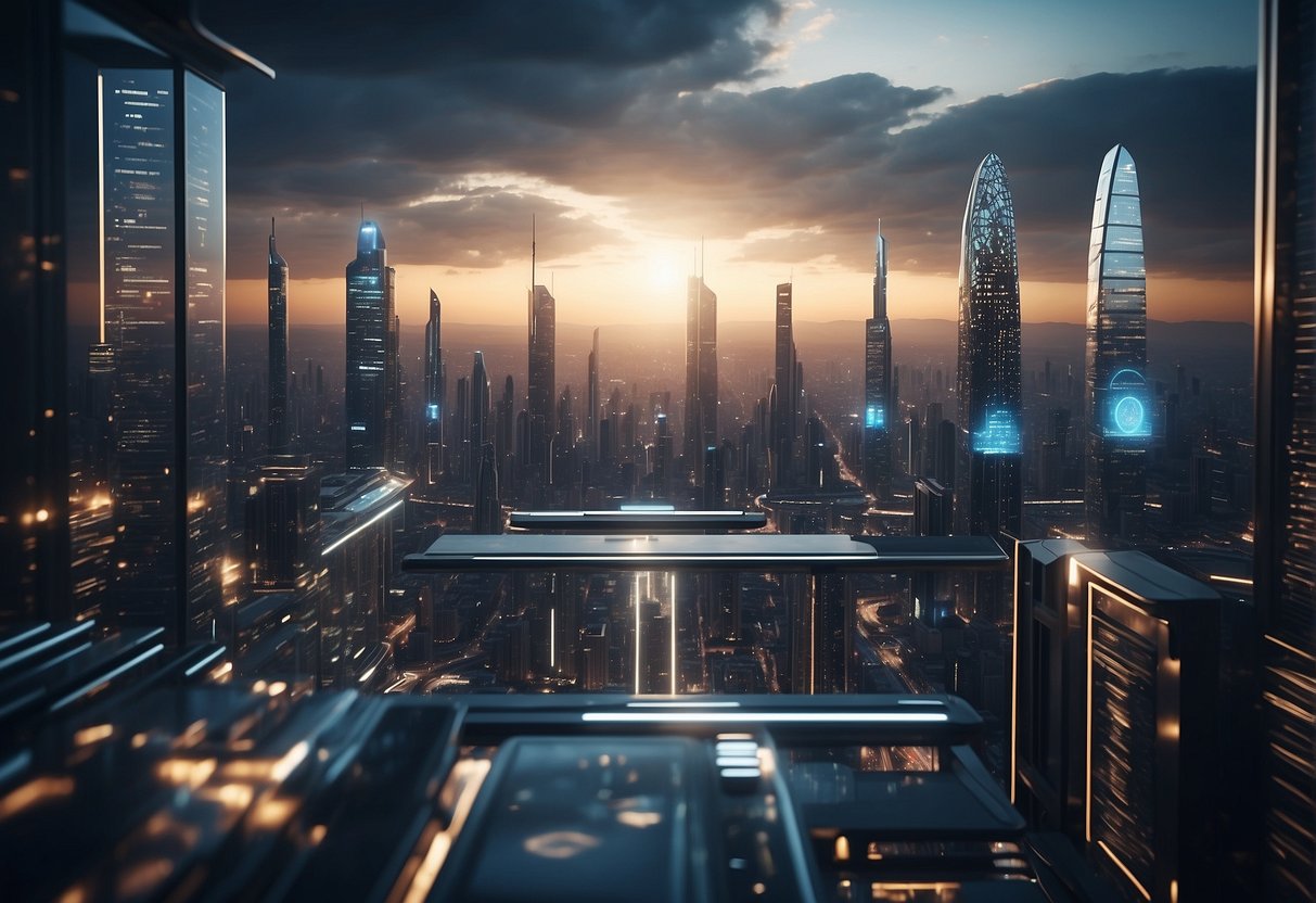 A futuristic cityscape with data erasure facilities and zero trust security checkpoints, showcasing advanced cybersecurity models