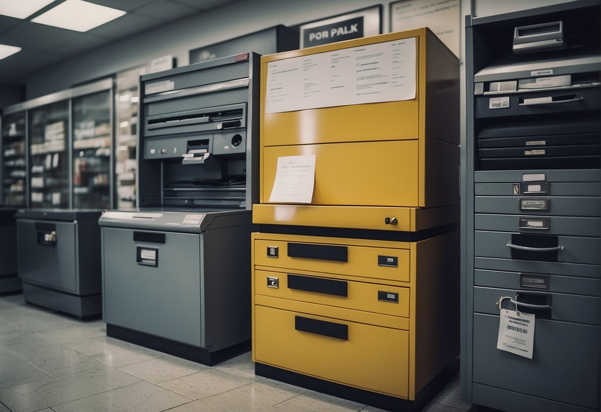 A retail store with a computer system being wiped clean, while a locked filing cabinet holds customer data. Privacy policy posters are displayed prominently