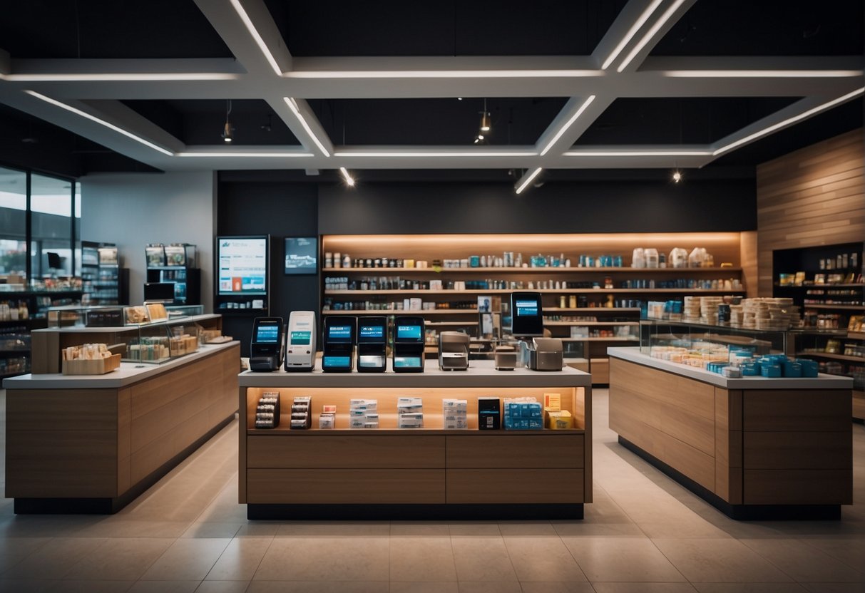 A retail store with shelves of products, a checkout counter, and digital payment terminals. Signs display data protection policies and information erasure procedures