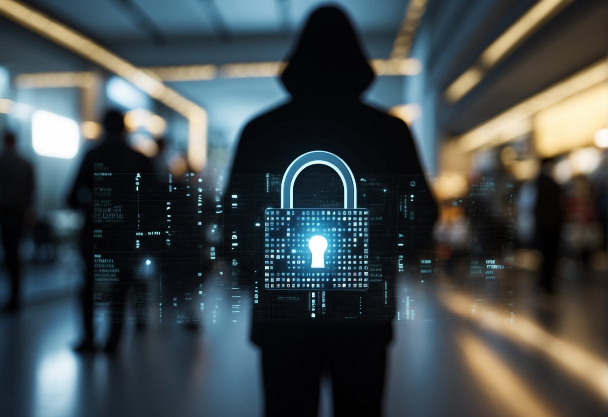 Customer data being erased from retail systems, a lock icon symbolizing security, while a shadowy figure lurks in the background