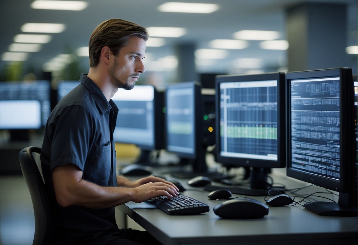 A retail store with computer systems and data servers. A technician using specialized software to erase and protect customer information