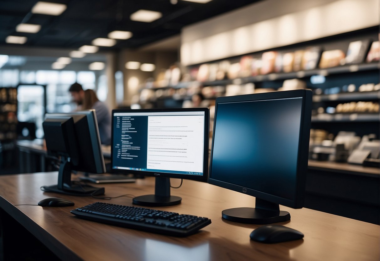 A retail store's computer system being wiped clean of customer data, leaving the screen blank and the store's staff looking concerned