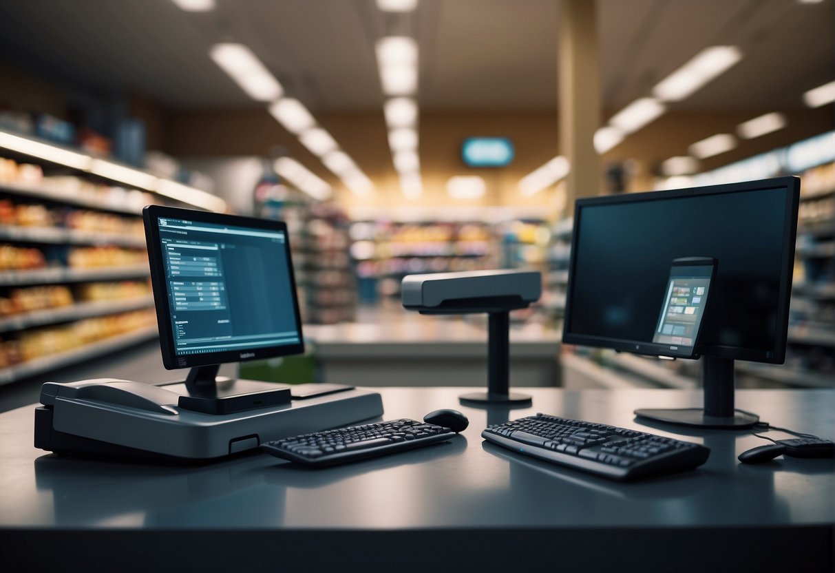 A retail store with shelves of products, a computer at the checkout counter, and a secure data erasure process being conducted on the system